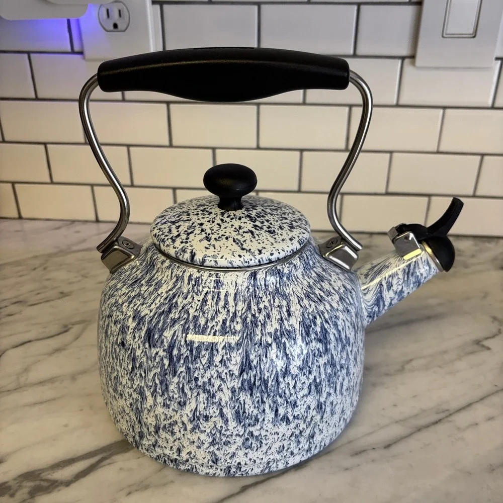 Chantal Vintage Series Whistling Enamel On Steel Splatter Blue Tea Kettle 1.7qt